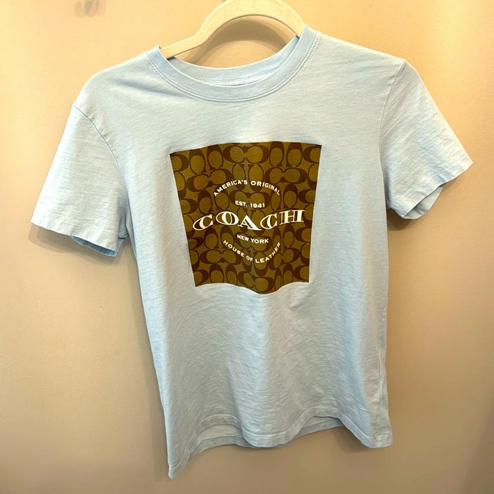 Coach Signature Square Logo Icy Blue Brown White Soft Organic Cotton Tee Small